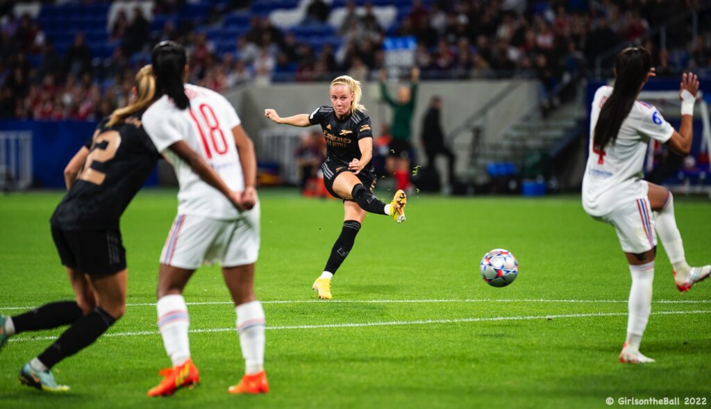 Beth Mead scores against Lyon in the Champions League