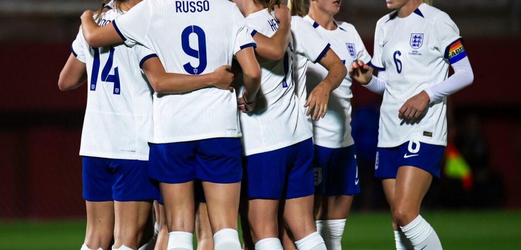 England celebrate Grace Clinton's goal vs Austria, February 2024