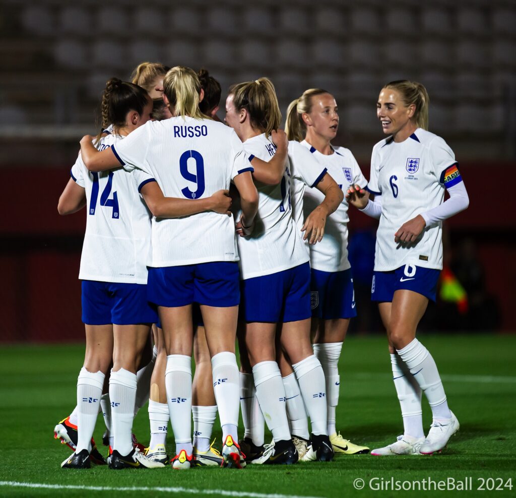 England celebrate Grace Clinton's goal vs Austria, February 2024