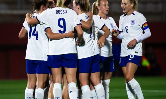 England celebrate Grace Clinton's goal vs Austria, February 2024