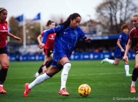 Mayra Ramirez on the ball for Chelsea in their Barclays WSL game against Manchester United