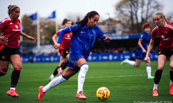 Mayra Ramirez on the ball for Chelsea in their Barclays WSL game against Manchester United