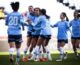 Manchester City celebrate Mary Fowler's goal against Aston Villa