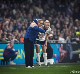 Leah Williamson + Sarina Wiegman, England v USA