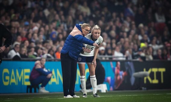 Leah Williamson + Sarina Wiegman, England v USA