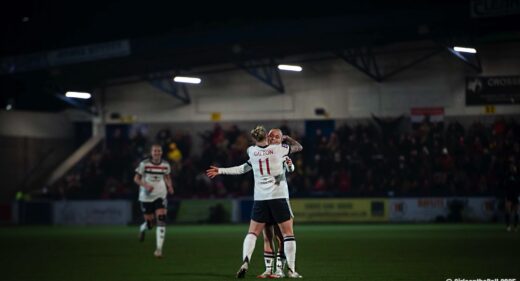 Leah Galton celebrates with Anna Sandberg in Manchester United's Adobe Women's FA Cup win over Wolves