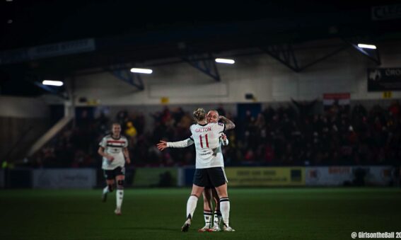 Leah Galton celebrates with Anna Sandberg in Manchester United's Adobe Women's FA Cup win over Wolves