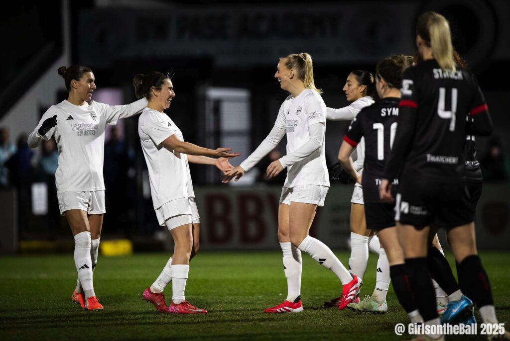 Stina Blackstenius celebrates with Mariona Caldentey, Arsenal v Bristol City, Adobe Women's FA Cup