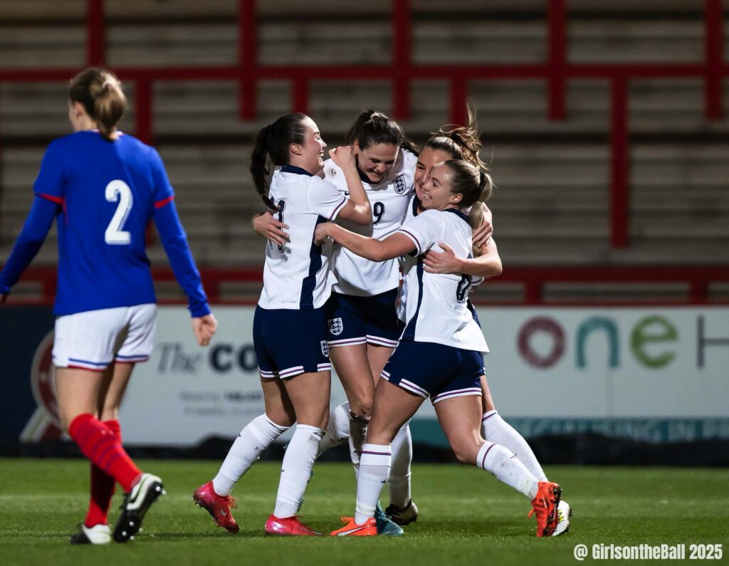 Isobel Goodwin celebrates scoring for England U23s against France, 25.02.2025