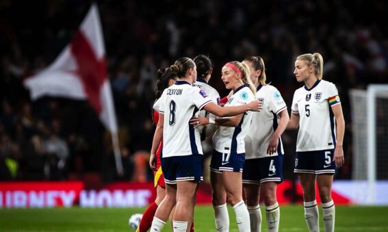 England celebrate beating Spain at Wembley Stadium in the UEFA Women's Nations League