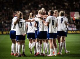 England celebrate Aggie Beever-Jones' goal against Belgium in the UEFA Women's Nations League, April 2025