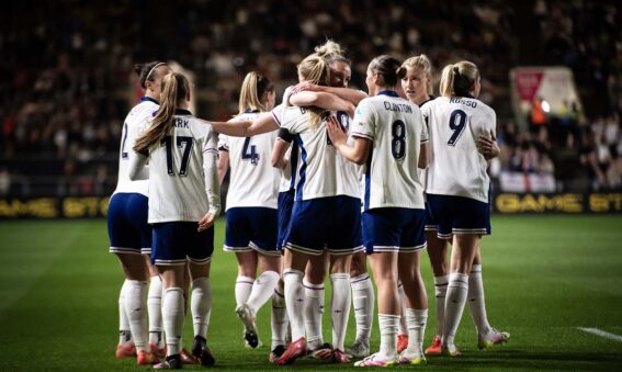 England celebrate Aggie Beever-Jones' goal against Belgium in the UEFA Women's Nations League, April 2025