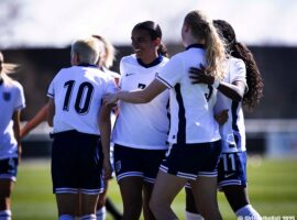England celebrate Ava Baker's opener against Austria in their U19 Euro 2025 Round 2 qualifier at St. George's Park, April 2025